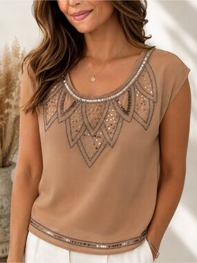 Decree Embellished Sheer Blouse Blush/Beige Sequin Beaded Boho Festival Top